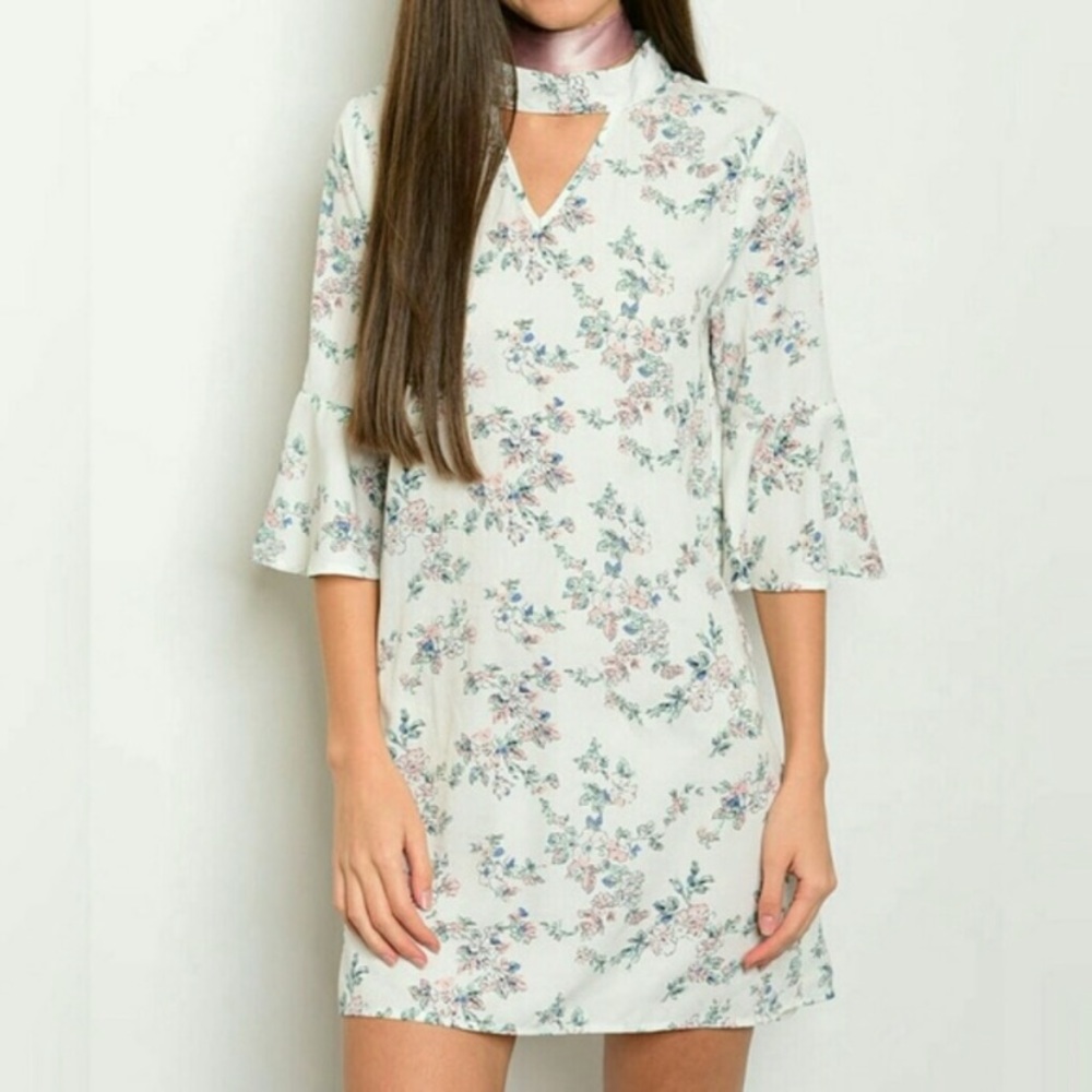 White floral bell 3/4 sleeve keyhole dress Small S Medium M Large L